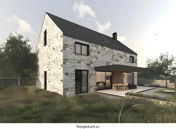 Modern Stone House with Large Patio and Green Grass