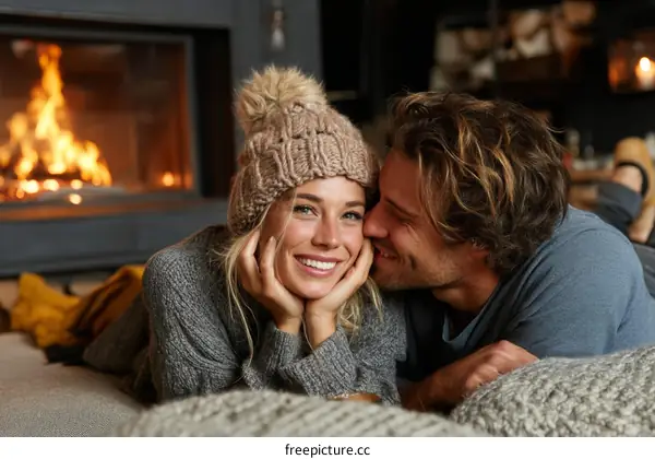 Couple Relaxing by the Fireplace in Cozy Winter Setting