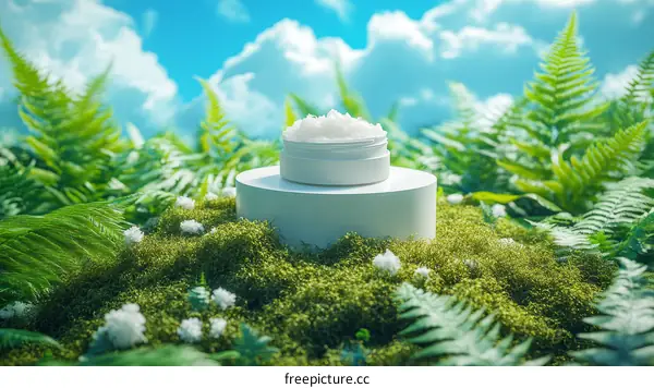 Natural Skincare Product Display in a Lush Green Setting