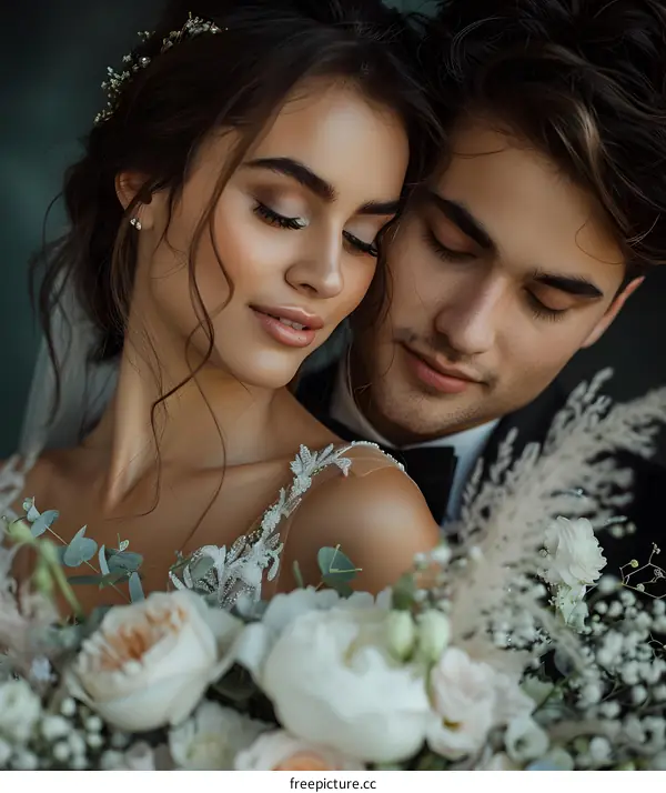 A newlywed couple is leaning against each other. The bride is wearing a wreath and捧着鲜花, and the groom is staring at her affectionately.