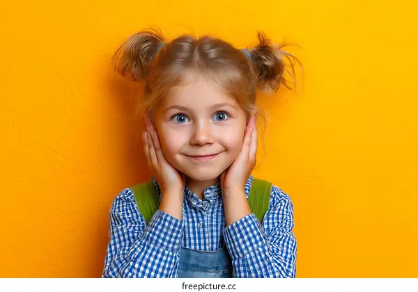 Cheerful Little Girl in Front of a Bright Yellow Background