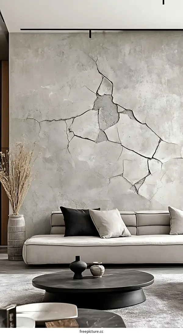Modern Living Room with Cracked Concrete Wall