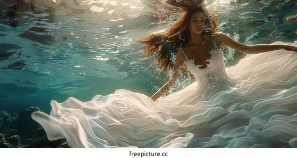 An underwater wedding shoot in a white dress