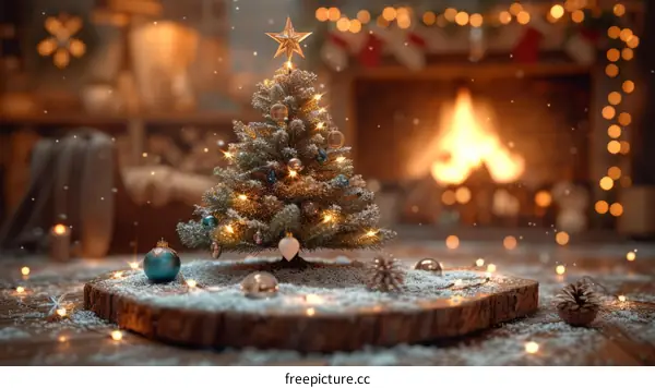 A beautifully decorated Christmas tree sits in front of a cozy fireplace