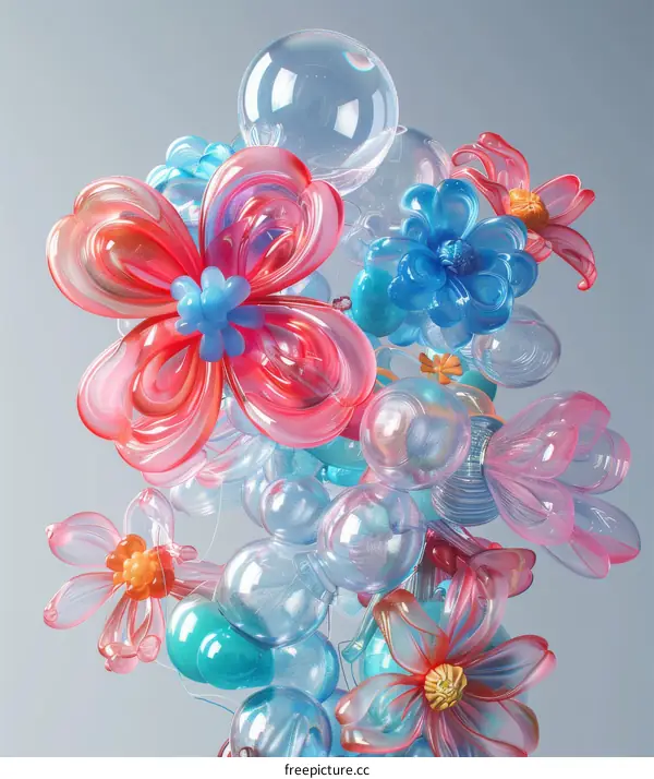 A bouquet of colorful and shiny flowers and bubbles
