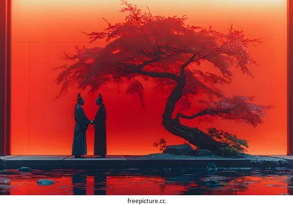 Two People in Traditional Garments Near Tree