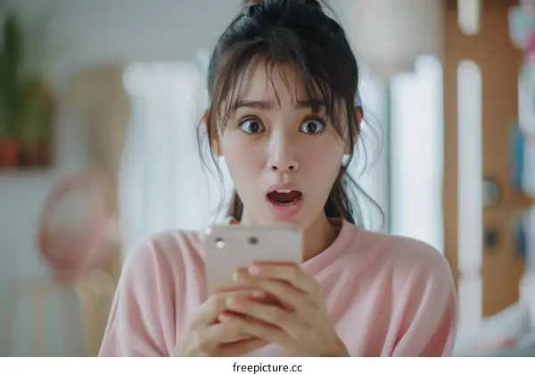 Surprised young Asian woman looking at her phone