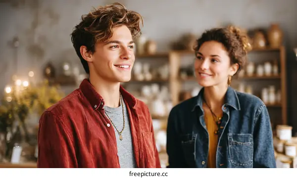 Two young adults enjoying a moment in a store