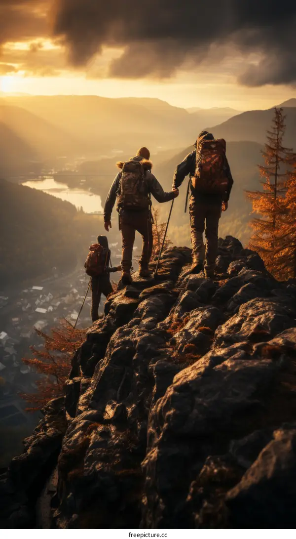 Three hikers on a mountaintop overlooking a valley at sunset
