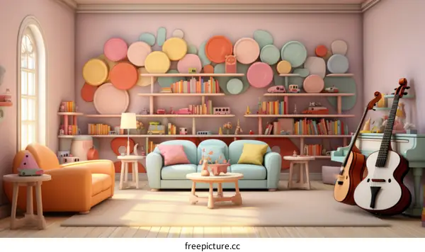 A cozy living room with a sofa, chair, guitar, and bookshelves