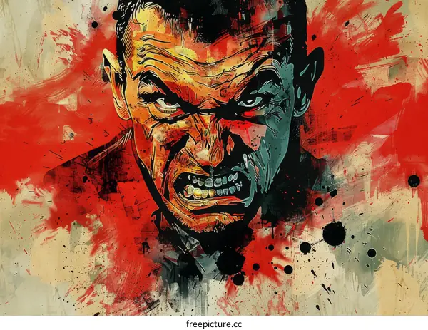 Angry Man Portrait Illustration with Red and Black Splashes