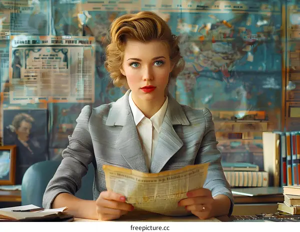 Portrait of a beautiful young woman reading a newspaper