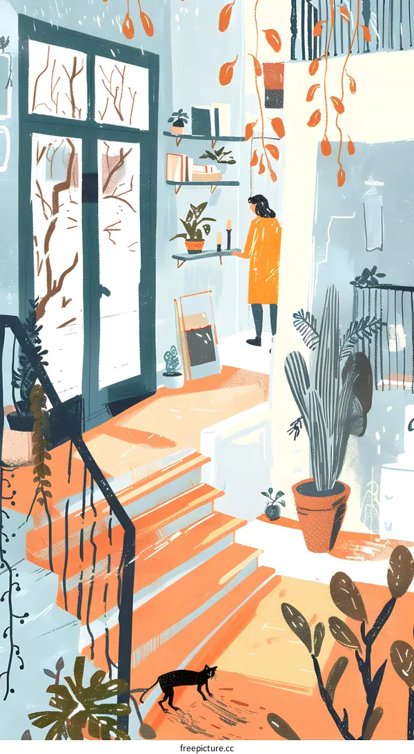 Woman in Yellow Standing at a Staircase in a Cozy House