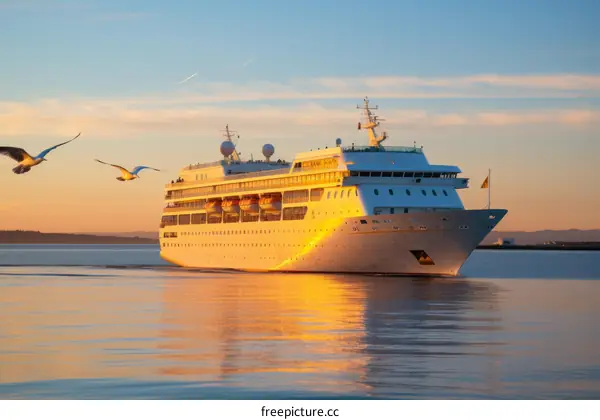 Luxury cruise ship sails into the sunset with seagulls flying alongside