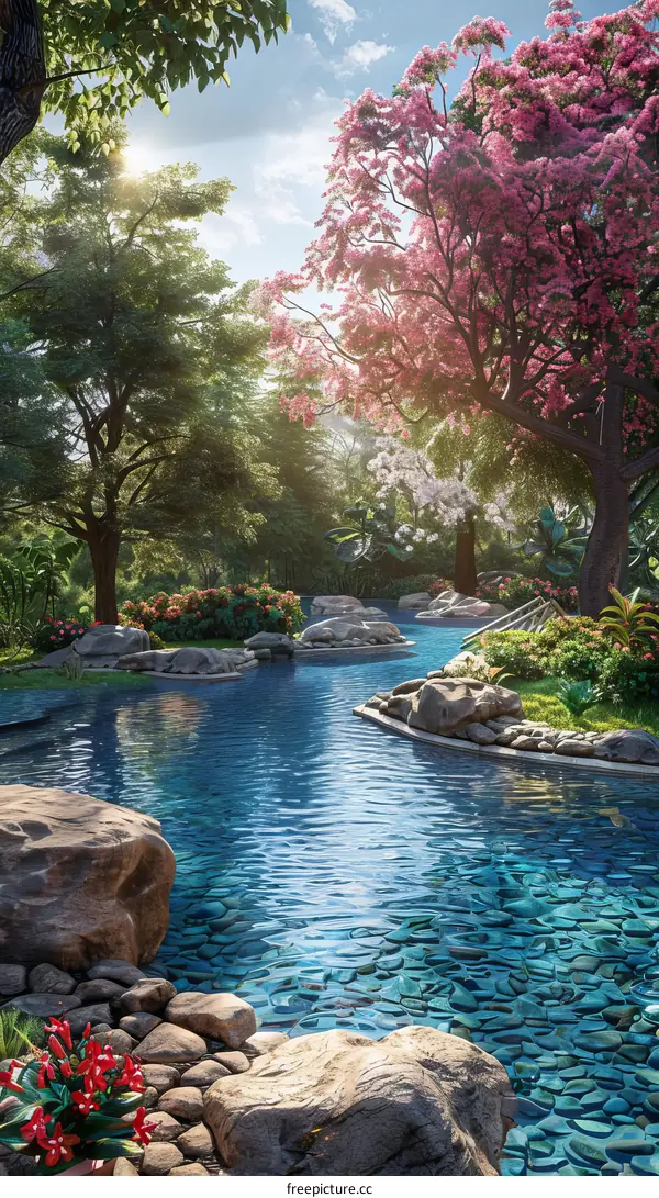 Pink Flower Trees on Tropical Island River