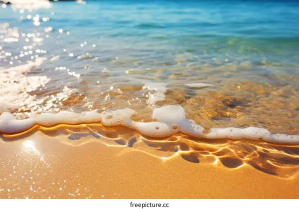 Close-up of a beach with sand, water, and sunlight