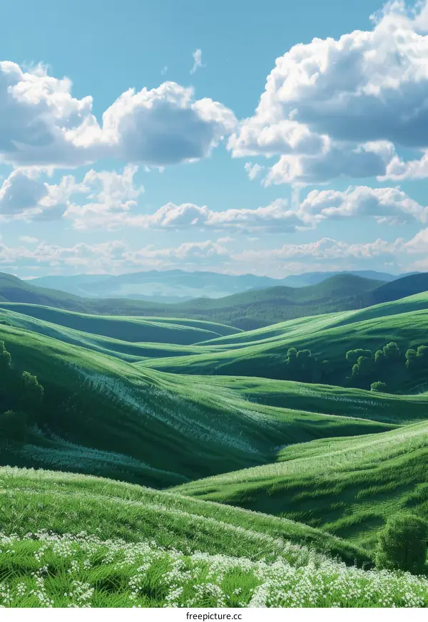 Landscape photography of lush green rolling hills under a clear sky