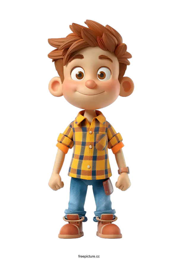 [Transparent Background PNG]A 3D rendering of a young boy with brown hair and brown eyes. He is wearing a yellow and blue plaid shirt, blue jeans, and brown boots.
