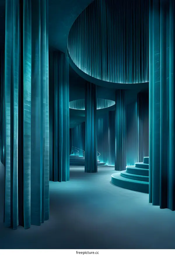 Teal Velvet Curtains and Circular Staircase Design Interior Architecture