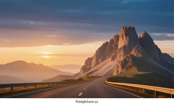 Scenic road with majestic mountain at sunset