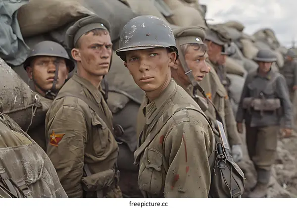 A group of soldiers in a trench during World War II