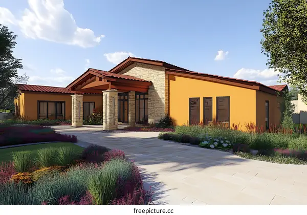 Modern Spanish Style Home with Stone and Wood Accents