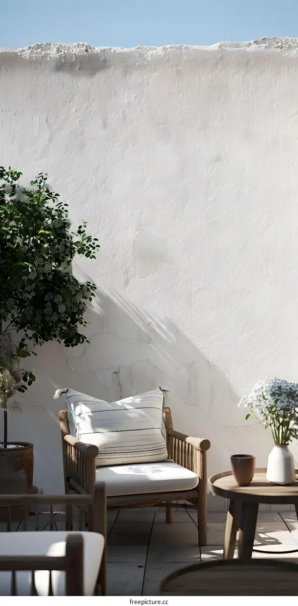 Minimalist Patio Design with White Wall and Wooden Furniture