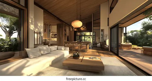 Modern Minimalist Living Room with Wooden Beams and Large Windows