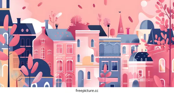 Pink and Blue Town Illustration