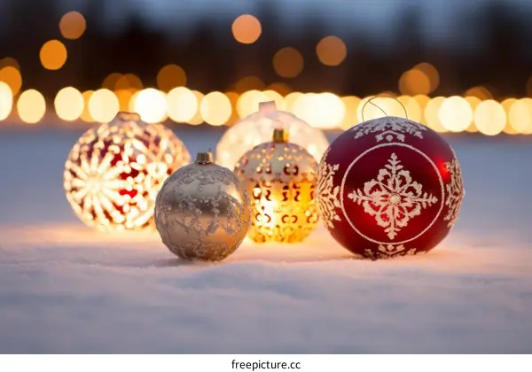 Christmas ornaments in the snow with blurred lights in the background