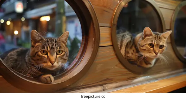 Two Curious Cats Peeking Out of Wooden Portholes
