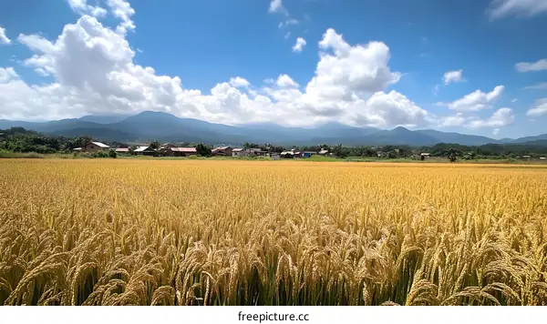 Golden Rice Field Under Blue Sky with Mountain Background