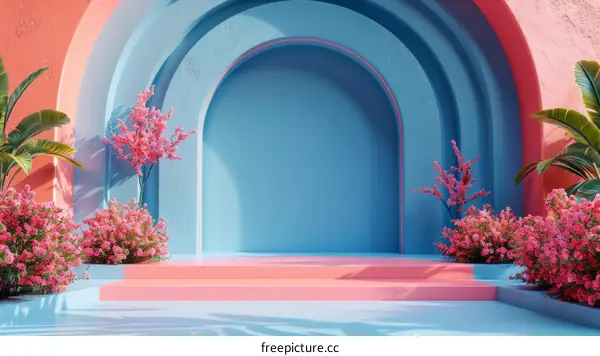 Pink and Blue Archway with Lush Greenery