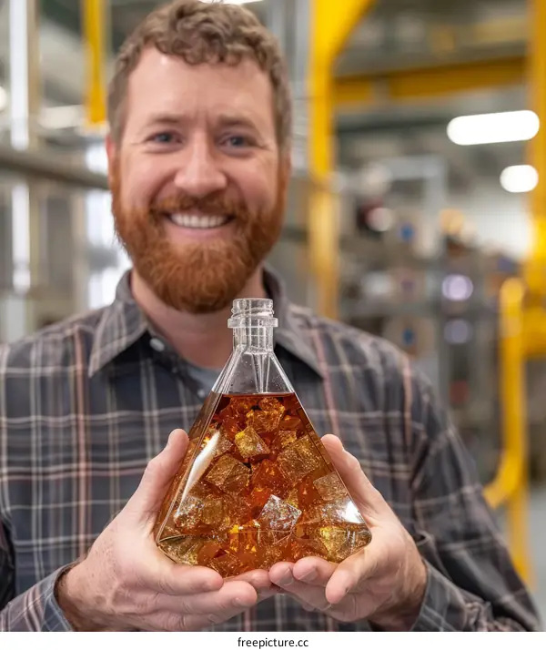 Man holding a triangular bottle of amber liquid
