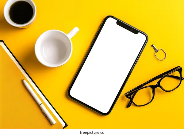 Top View Flat Lay of a Yellow Desk With a Phone, Coffee Cup, Glasses, a Notebook, and Pen