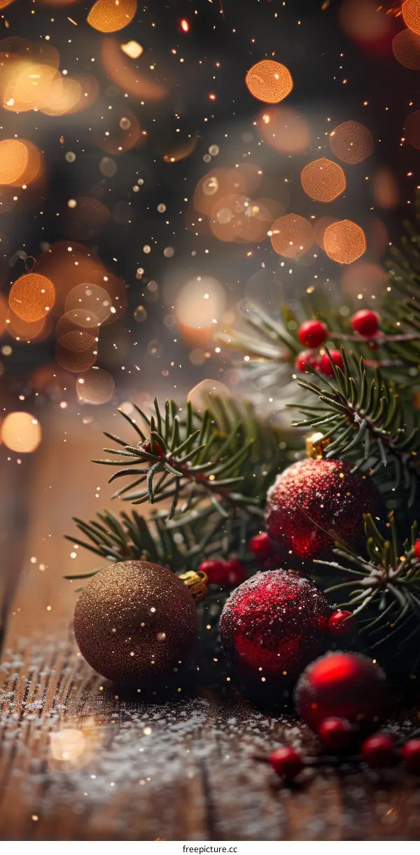 Christmas ornaments with fir tree branches on a wooden table