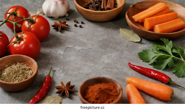Fresh colorful vegetables and spices arranged on gray table
