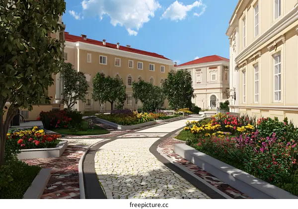 Cobblestone Path in a Courtyard with Buildings