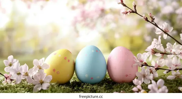 Easter Eggs in Spring Blossom Background
