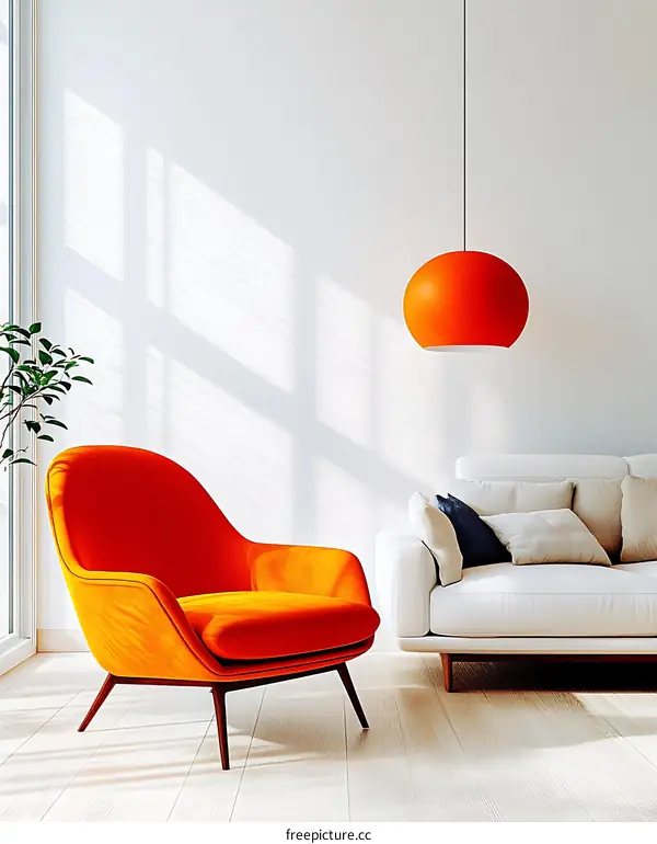 Modern Living Room with Orange Chair and Pendant Light