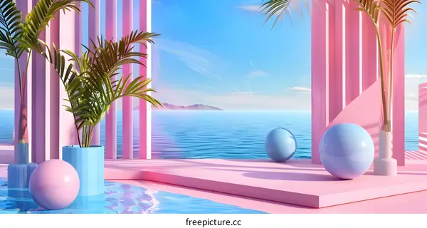Pink Minimalist 3D Scene With Palm Trees
