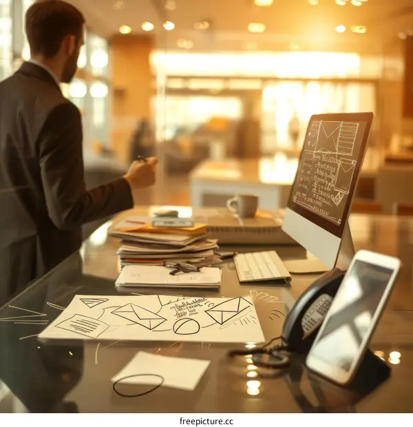 Businessman standing by desk looking at computer screen