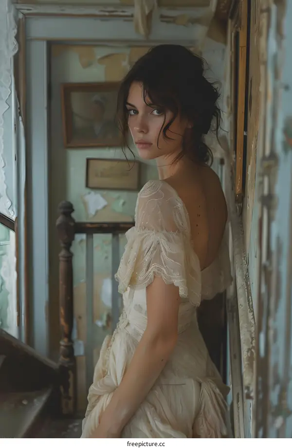 Woman in White Lace Dress Standing in a Rustic House