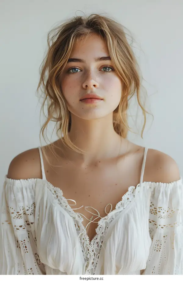 Portrait of a Young Woman with Blonde Hair and Freckles