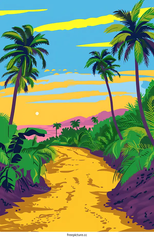 Tropical Paradise Palm Trees Beach Sunset Illustration