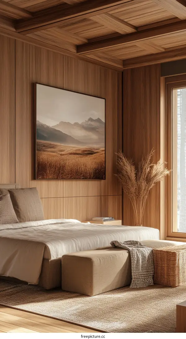 Modern Wooden Bedroom Interior Design with Mountain Landscape Art