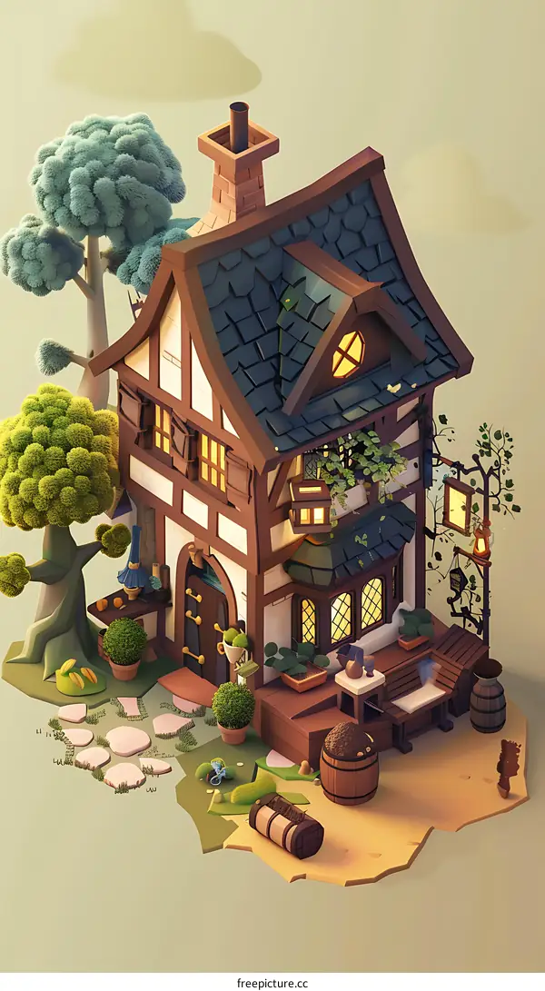 3D Illustration of a Cute Cottage House with a Green Garden
