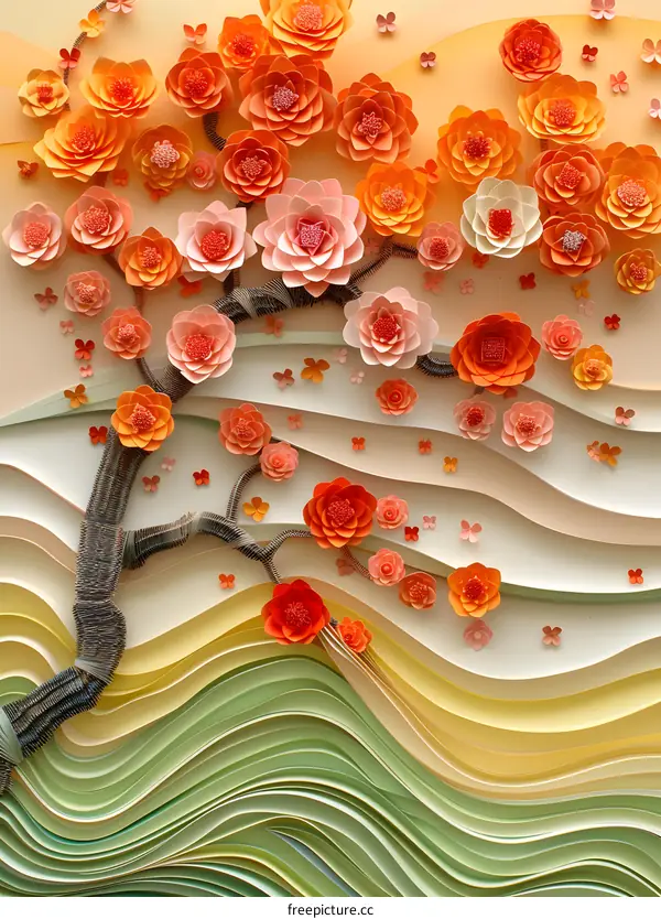 Paper Flowers Blooming on Wavy Background