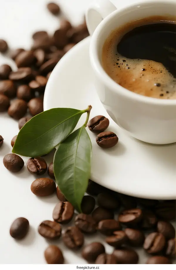 A cup of black coffee with coffee beans and leaves around