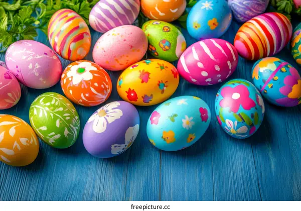 Colorful Easter Eggs on Blue Wooden Background